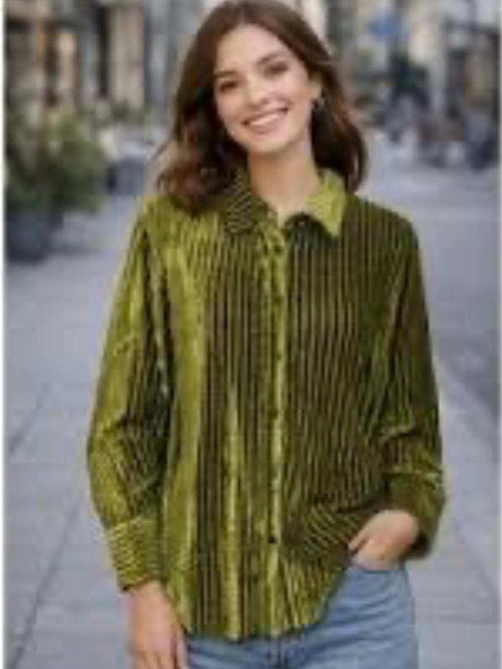House of Harlow 1960 Olive Green Velvet Striped Button-Down Shirt